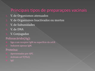 1.  V. de Organismos atenuados
2. V. de Organismos Inactivados ou mortos
3. V. de Subunidades
4. V. de DNA
5. V. Conjugadas
Polissacárido(Ag):
    liga a um receptor IgM na superfície da cel.B.
    Induzem apenas IgM.
Proteína:
    Apresentados por APC
    Activam cel T(Th2)
    IgG
 