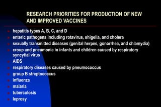 RESEARCH PRIORITIES FOR PRODUCTION OF NEW
AND IMPROVED VACCINES
 hepatitis types A, B, C, and D
 enteric pathogens including rotavirus, shigella, and cholera
 sexually transmitted diseases (genital herpes, gonorrhea, and chlamydia)
 croup and pneumonia in infants and children caused by respiratory
syncytial virus
 AIDS
 respiratory diseases caused by pneumococcus
 group B streptococcus
 influenza
 malaria
 tuberculosis
 Ieprosy
 