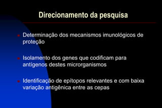 Direcionamento da pesquisa
 Determinação dos mecanismos imunológicos de
proteção
 Isolamento dos genes que codificam para
antígenos destes microrganismos
 Identificação de epítopos relevantes e com baixa
variação antigênica entre as cepas
 