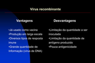 Vírus recombinante
•Já usado como vacina
•Produção em larga escala
•Diversos tipos de resposta
imune
•Grande quantidade de
Informação (vírus de DNA)
•Limitação da quantidade a ser
inoculada
•Limitação da quantidade de
antígeno produzido
•Pouca antigenicidade
Vantagens Desvantagens
 