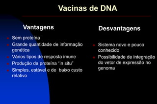 Vacinas de DNA
 Sem proteína
 Grande quantidade de informação
genética
 Vários tipos de resposta imune
 Produção da proteína “in situ”
 Simples, estável e de baixo custo
relativo
 Sistema novo e pouco
conhecido
 Possibilidade de integração
do vetor de expressão no
genoma
Vantagens Desvantagens
 