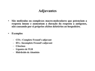 Adjuvantes
• São moléculas ou complexos macro-moleculares que potenciam a
resposta imune e aumentam a duração da resposta a antígenos,
não causando por si próprios efeitos deletérios ao hospedeiro.
• Exemplos
– CFA - Complete Freund’s adjuvant
– IFA - Incomplete Freund’s adjuvant
– Citocinas
– Ligantes de TLR
– Hidróxido de Alumínio
 