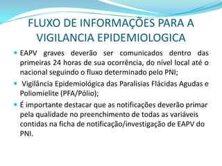 FLUXO DE INFORMAÇÕES PARA A
      VIGILANCIA EPIDEMIOLOGICA
 EAPV graves deverão ser comunicados dentro das
  primeiras 24 horas de sua ocorrência, do nível local até o
  nacional seguindo o fluxo determinado pelo PNI;
 Vigilância Epidemiológica das Paralisias Flácidas Agudas e
  Poliomielite (PFA/Pólio);
 É importante destacar que as notificações deverão primar
  pela qualidade no preenchimento de todas as variáveis
  contidas na ficha de notificação/investigação de EAPV do
  PNI.
 