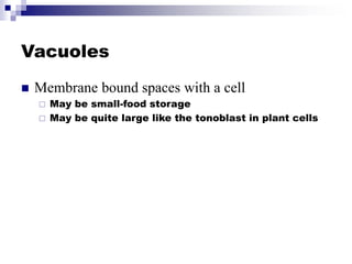 Vacuoles
 Membrane bound spaces with a cell
 May be small-food storage
 May be quite large like the tonoblast in plant cells
 