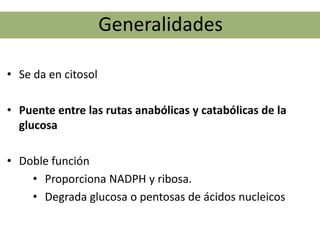 Generalidades

• Se da en citosol

• Puente entre las rutas anabólicas y catabólicas de la
  glucosa

• Doble función
    • Proporciona NADPH y ribosa.
    • Degrada glucosa o pentosas de ácidos nucleicos
 