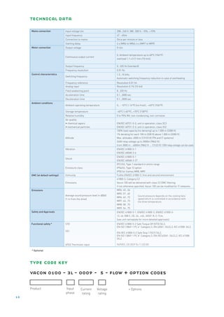 technical data

     Mains connection            Input voltage Uin                       208...240 V; 380…500 V; -10%…+10%
                                 Input frequency                         47 - 65Hz
                                 Connection to mains                     Once per minute or less
                                 Starting delay                          4 s (MR4 to MR6); 6 s (MR7 to MR9)
     Motor connection            Output voltage                          0-Uin


                                                                         Il: Ambient temperature up to 40°C (104°F)
                                 Continuous output current
                                                                         overload 1.1 x Il (1 min./10 min).


                                 Output frequency                        0…320 Hz (standard)
                                 Frequency resolution                    0.01 Hz
     Control characteristics                                             1.5…10 kHz;
                                 Switching frequency
                                                                         Automatic switching frequency reduction in case of overheating
                                 Frequency reference                     Resolution 0.01 Hz
                                 Analog input                            Resolution 0.1% (10-bit)
                                 Field weakening point                   8…320 Hz
                                 Acceleration time                       0.1…3000 sec
                                 Deceleration time                       0.1…3000 sec
     Ambient conditions
                                 Ambient operating temperature           IL : -10°C (-14°F) (no frost)… +40°C (104°F)

                                 Storage temperature                     -40°C (-40°F)…+70°C (158°F)
                                 Relative humidity                       0 to 95% RH, non-condensing, non-corrosive
                                 Air quality:
                                 • chemical vapors                       EN/IEC 60721-3-3, unit in operation, class 3C3
                                 • mechanical particles                  EN/IEC 60721-3-3, unit in operation, class 3S2
                                                                         100% load capacity (no derating) up to 1.000 m (3280 ft)
                                                                         1% derating for each 100 m (328 ft) above 1.000 m (3280 ft)
                                 Altitude                                Max. altitudes: 4000 m [13123 ft] (TN and IT systems)
                                                                         240V relay voltage up to 3000m [9842 ft]
                                                                         from 3000 m ...4000m [9842 ft ... 13123 ft] 120V relay voltage can be used.
                                 Vibration                               EN/IEC 61800-5-1
                                                                         EN/IEC 60068-2-6
                                                                         EN/IEC 61800-5-1
                                 Shock
                                                                         EN/IEC 60068-2-27
                                                                         IP21/UL Type 1 standard in entire range
                                 Enclosure class                         IP54/UL Type 12 option
                                                                         IP00 for frames MR8, MR9
     EMC (at default settings)   Immunity                                Fulfils EN/IEC 61800-3, first and second environment
                                                                         61800-3, Category C2
                                 Emissions                               Vacon 100 will be delivered with class C2 EMC filtering,
                                                                         if not otherwise specified. Vacon 100 can be modified for IT networks
     Emissions                                                           MR4: 45...56
                                                                         MR5: 57...65
                                 Average sound pressure level in dB(A)                       Sound pressure depends on the cooling fans
                                                                         MR6: 63...72
                                 (1 m from the drive)                                        speed which is controlled in accordance with
                                                                         MR7: 43...73        the drive temperature.
                                                                         MR8: 58...73
                                                                         MR9: 54...75
     Safety and Approvals                                                EN/IEC 61800-5-1, EN/IEC 61800-3, EN/IEC 61000-3-
                                                                         12, UL 508 C, CE, UL, cUL, GOST-R, C-Tick;
                                                                         (see unit nameplate for more detailed approvals)
     Functional safety *         STO                                     EN/IEC 61800-5-2 Safe Torque Off (STO) SIL3,
                                                                         EN ISO 13849-1 PL”e” Category 3, EN 62061: SILCL3, IEC 61508: SIL3.
                                 SS1
                                                                         EN /IEC 61800-5-2 Safe Stop 1 (SS1) SIL2,
                                                                         EN ISO 13849-1 PL”d” Category 3, EN /IEC62061: SILCL2, IEC 61508:
                                                                         SIL2.

                                 ATEX Thermistor input                   94/9/EC, CE 0537 Ex 11 (2) GD

      * Optional




     type code key
     vacon 0100 - 3l - 0009 - 5 - flow + option codes

     Product                     Input            Current    Voltage                 + Options
                                 phase             rating     rating
10
 