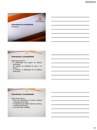 18/03/2015
11
Entendendo de Contabilidade
Finalizando
Entendendo a Contabilidade
Neste tema você viu:
• A identificação dos grupos do Balanço
Patrimonial.
• Os critérios de avaliação do Ativo e do
Passivo
• O conceito e a elaboração de um Balanço
Patrimonial.
Entendendo a Contabilidade
Neste tema você viu:
• Como são distribuídas as contas contábeis
no Balanço Patrimonial.
• A importância da análise financeira contínua
no Balanço Patrimonial.
• O que são fatos contábeis.
 