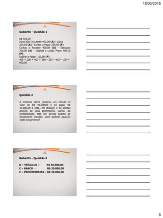 18/03/2015
8
Gabarito - Questão 1
R$ 600,00
Ativo Não Circulante 400,00 (A) - Caixa
200,00 (A) - Contas a Pagar 250,00 (P)
Contas a Receber 400,00 (A) - Estoques
350,00 (A) - Exigível a Longo Prazo 400,00
(P)
Salário a Pagar 100,00 (P)
400 + 200 + 400 + 350 – 250 – 400 – 100 =
600,00
Questão 2
A empresa Gama comprou um veículo no
valor de R$ 40.000,00 e irá pagar R$
20.000,00 à vista (em cheque) e R$ 20.000
através de uma promissória. Carlos, da
contabilidade, está em dúvida quanto ao
lançamento contábil. Você poderia ajudá-lo
neste lançamento?
Gabarito - Questão 2
D – VEÍCULOS – R$ 40.000,00
C – BANCO - R$ 20.000,00
C – PROMISSÓRIAS – R$ 20.000,00
 
