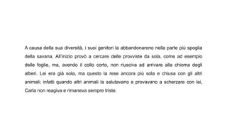 A causa della sua diversità, i suoi genitori la abbandonarono nella parte più spoglia
della savana. All’inizio provò a cercare delle provviste da sola, come ad esempio
delle foglie, ma, avendo il collo corto, non riusciva ad arrivare alla chioma degli
alberi. Lei era già sola, ma questo la rese ancora più sola e chiusa con gli altri
animali; infatti quando altri animali la salutavano e provavano a scherzare con lei,
Carla non reagiva e rimaneva sempre triste.
 