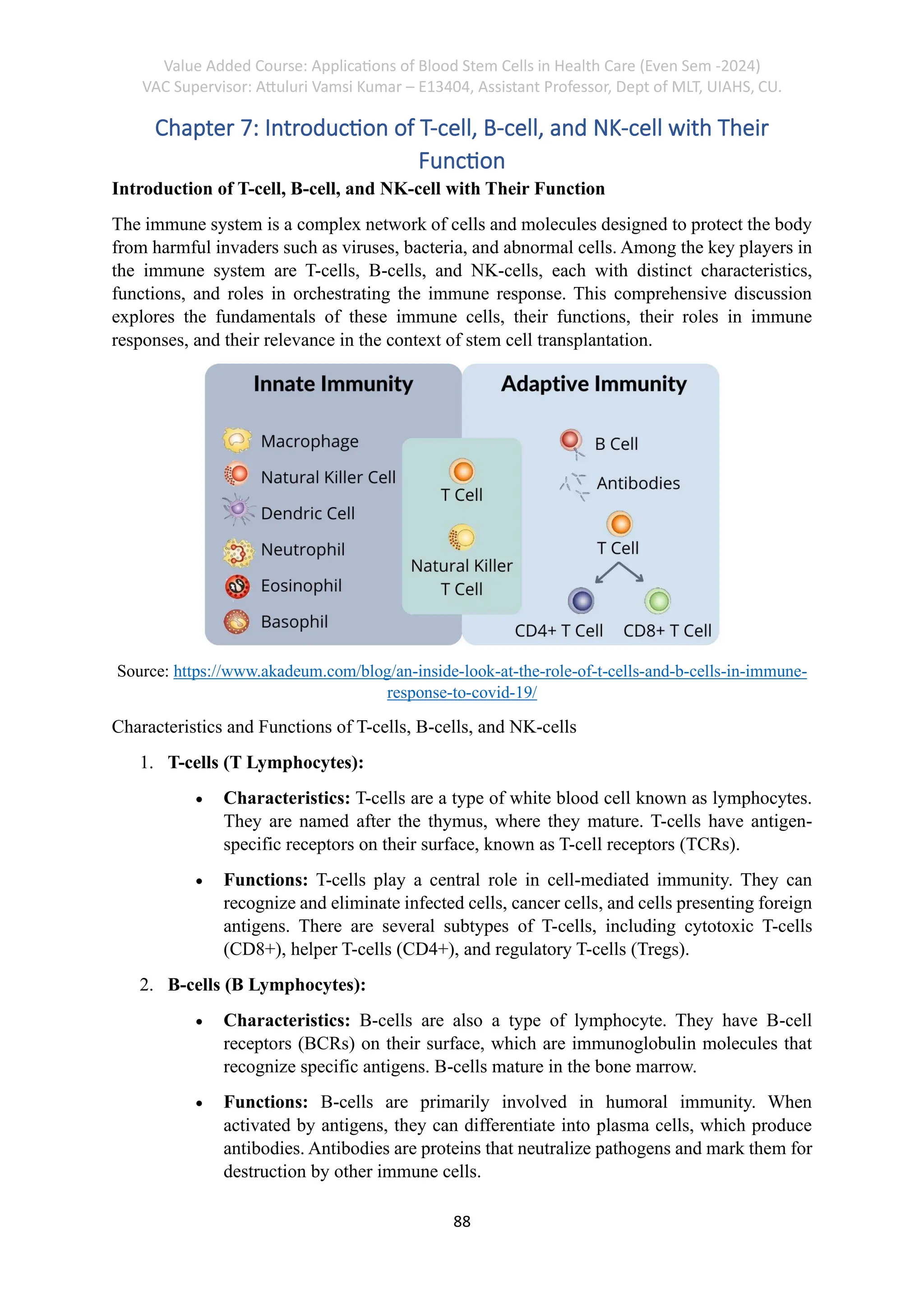Value Added Course: Applications of Blood Stem Cells in Health Care (Even Sem -2024)
VAC Supervisor: Attuluri Vamsi Kumar – E13404, Assistant Professor, Dept of MLT, UIAHS, CU.
88
Chapter 7: Introduction of T-cell, B-cell, and NK-cell with Their
Function
Introduction of T-cell, B-cell, and NK-cell with Their Function
The immune system is a complex network of cells and molecules designed to protect the body
from harmful invaders such as viruses, bacteria, and abnormal cells. Among the key players in
the immune system are T-cells, B-cells, and NK-cells, each with distinct characteristics,
functions, and roles in orchestrating the immune response. This comprehensive discussion
explores the fundamentals of these immune cells, their functions, their roles in immune
responses, and their relevance in the context of stem cell transplantation.
Source: https://www.akadeum.com/blog/an-inside-look-at-the-role-of-t-cells-and-b-cells-in-immune-
response-to-covid-19/
Characteristics and Functions of T-cells, B-cells, and NK-cells
1. T-cells (T Lymphocytes):
• Characteristics: T-cells are a type of white blood cell known as lymphocytes.
They are named after the thymus, where they mature. T-cells have antigen-
specific receptors on their surface, known as T-cell receptors (TCRs).
• Functions: T-cells play a central role in cell-mediated immunity. They can
recognize and eliminate infected cells, cancer cells, and cells presenting foreign
antigens. There are several subtypes of T-cells, including cytotoxic T-cells
(CD8+), helper T-cells (CD4+), and regulatory T-cells (Tregs).
2. B-cells (B Lymphocytes):
• Characteristics: B-cells are also a type of lymphocyte. They have B-cell
receptors (BCRs) on their surface, which are immunoglobulin molecules that
recognize specific antigens. B-cells mature in the bone marrow.
• Functions: B-cells are primarily involved in humoral immunity. When
activated by antigens, they can differentiate into plasma cells, which produce
antibodies. Antibodies are proteins that neutralize pathogens and mark them for
destruction by other immune cells.
 