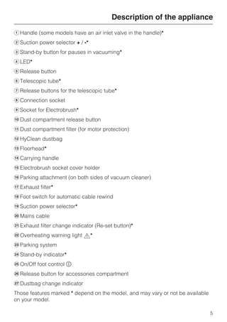 aHandle (some models have an air inlet valve in the handle)*
bSuction power selector + / -*
cStand-by button for pauses in vacuuming*
dLED*
eRelease button
fTelescopic tube*
gRelease buttons for the telescopic tube*
hConnection socket
iSocket for Electrobrush*
jDust compartment release button
kDust compartment filter (for motor protection)
lHyClean dustbag
mFloorhead*
nCarrying handle
oElectrobrush socket cover holder
pParking attachment (on both sides of vacuum cleaner)
qExhaust filter*
rFoot switch for automatic cable rewind
sSuction power selector*
tMains cable
uExhaust filter change indicator (Re-set button)*
vOverheating warning light ,*
wParking system
xStand-by indicator*
yOn/Off foot control s
zRelease button for accessories compartment
{Dustbag change indicator
Those features marked * depend on the model, and may vary or not be available
on your model.
Description of the appliance
5
 