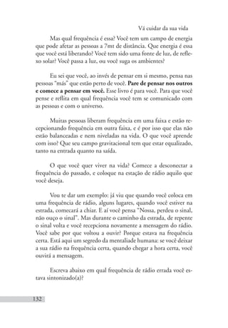Vá cuidar da sua vida
132
Mas qual frequência é essa? Você tem um campo de energia
que pode afetar as pessoas a 7mt de distância. Que energia é essa
que você está liberando? Você tem sido uma fonte de luz, de refle-
xo solar? Você passa a luz, ou você suga os ambientes?
Eu sei que você, ao invés de pensar em si mesmo, pensa nas
pessoas “más” que estão perto de você. Pare de pensar nos outros
e comece a pensar em você. Esse livro é para você. Para que você
pense e reflita em qual frequência você tem se comunicado com
as pessoas e com o universo.
Muitas pessoas liberam frequência em uma faixa e estão re-
cepcionando frequência em outra faixa, e é por isso que elas não
estão balanceadas e nem niveladas na vida. O que você aprende
com isso? Que seu campo gravitacional tem que estar equalizado,
tanto na entrada quanto na saída.
O que você quer viver na vida? Comece a desconectar a
frequência do passado, e coloque na estação de rádio aquilo que
você deseja.
Vou te dar um exemplo: já viu que quando você coloca em
uma frequência de rádio, alguns lugares, quando você estiver na
estrada, comecará a chiar. E aí você pensa “Nossa, perdeu o sinal,
não ouço o sinal”. Mas durante o caminho da estrada, de repente
o sinal volta e você recepciona novamente a mensagem do rádio.
Você sabe por que voltou a ouvir? Porque estava na frequência
certa. Está aqui um segredo da mentaliade humana: se você deixar
a sua rádio na frequência certa, quando chegar a hora certa, você
ouvirá a mensagem.
Escreva abaixo em qual frequência de rádio errada você es-
tava sintonizado(a)?
 