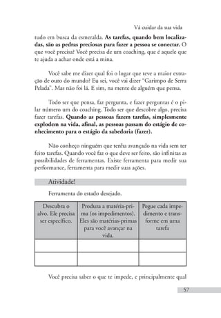 Vá cuidar da sua vida
57
tudo em busca da esmeralda. As tarefas, quando bem localiza-
das, são as pedras preciosas para fazer a pessoa se conectar. O
que você precisa? Você precisa de um coaching, que é aquele que
te ajuda a achar onde está a mina.
Você sabe me dizer qual foi o lugar que teve a maior extra-
ção de ouro do mundo? Eu sei, você vai dizer “Garimpo de Serra
Pelada”. Mas não foi lá. E sim, na mente de alguém que pensa.
Todo ser que pensa, faz pergunta, e fazer perguntas é o pi-
lar número um do coaching. Todo ser que descobre algo, precisa
fazer tarefas. Quando as pessoas fazem tarefas, simplesmente
explodem na vida, afinal, as pessoas passam do estágio de co-
nhecimento para o estágio da sabedoria (fazer).
Não conheço ninguém que tenha avançado na vida sem ter
feito tarefas. Quando você faz o que deve ser feito, são infinitas as
possibilidades de ferramentas. Existe ferramenta para medir sua
performance, ferramenta para medir suas ações.
Atividade!
Ferramenta do estado desejado.
Descubra o
alvo. Ele precisa
ser específico.
Produza a matéria-pri-
ma (os impedimentos).
Eles são matérias-primas
para você avançar na
vida.
Pegue cada impe-
dimento e trans-
forme em uma
tarefa
Você precisa saber o que te impede, e principalmente qual
 