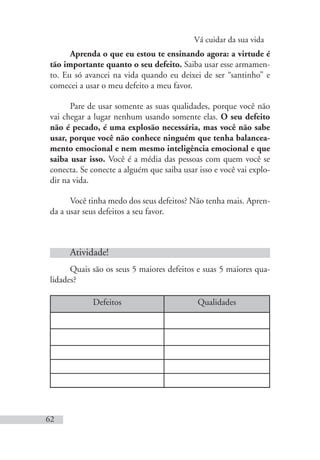 Vá cuidar da sua vida
62
Aprenda o que eu estou te ensinando agora: a virtude é
tão importante quanto o seu defeito. Saiba usar esse armamen-
to. Eu só avancei na vida quando eu deixei de ser “santinho” e
comecei a usar o meu defeito a meu favor.
Pare de usar somente as suas qualidades, porque você não
vai chegar a lugar nenhum usando somente elas. O seu defeito
não é pecado, é uma explosão necessária, mas você não sabe
usar, porque você não conhece ninguém que tenha balancea-
mento emocional e nem mesmo inteligência emocional e que
saiba usar isso. Você é a média das pessoas com quem você se
conecta. Se conecte a alguém que saiba usar isso e você vai explo-
dir na vida.
Você tinha medo dos seus defeitos? Não tenha mais. Apren-
da a usar seus defeitos a seu favor.
Atividade!
Quais são os seus 5 maiores defeitos e suas 5 maiores qua-
lidades?
Defeitos Qualidades
 