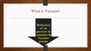 What is Vacuum?
1
Reduction
of air
pressure in
container by
Vacuum
pumps
 