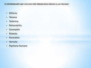 10 ENFERMEDADES QUE CASI HAN SIDO ERRADICADAS GRACIAS A LAS VACUNAS
• Difteria
• Tetanos
• Tosferina
• Poliomielitis
• Sarampión
• Rubeola
• Parotiditis
• Varicela
• Papiloma Humano
 