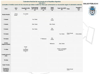 SALUD PÚBLICA II
Calendario Nacional de vacunación de la República Argentina
- Año 2011-
(consultar al médico acerca de las vacunas que deben recibir los niños que comenzaron su vacunación según el calendario anterior)
Edad
BCG
(1)
Hepatitis B (HB)
(2)
Pentavalente
DPT-Hib-HB
(3)
Cuádruple
(DTP-Hib)
(4)
Sabin
(OPV)
(5)
Triple Viral (SRP)
(6)
Gripe
Hepatitis A
(HA)
(7)
Recién Nacido
Única
Dosis *
1ra. Dosis
**
2 meses 1ra. Dosis
1ra.
Dosis
4 meses 2da. Dosis 2da. Dosis
6 meses 3ra. Dosis
3ra.
Dosis
12 meses 1ra. Dosis
Dosis Anual
******
Única dosis
18 meses 1º Refuerzo
4ta.
Dosis
6 Años
(ingreso escolar)
Refuerzo 2da. Dosis
11 Años
Iniciar
o
completar
esquema
***
Iniciar o completar
esquema ****
A partir de los 15
años
16 años
Cada 10 años
Puerperio o
post-aborto
inmediato
Dosis Anual
******
 
