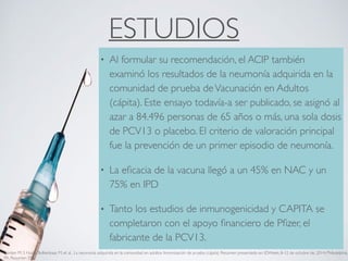 ESTUDIOS
• Al formular su recomendación, el ACIP también
examinó los resultados de la neumonía adquirida en la
comunidad de prueba deVacunación en Adultos
(cápita). Este ensayo todavía-a ser publicado, se asignó al
azar a 84.496 personas de 65 años o más, una sola dosis
de PCV13 o placebo. El criterio de valoración principal
fue la prevención de un primer episodio de neumonía.
• La eﬁcacia de la vacuna llegó a un 45% en NAC y un
75% en IPD
• Tanto los estudios de inmunogenicidad y CAPITA se
completaron con el apoyo ﬁnanciero de Pﬁzer, el
fabricante de la PCV13.
Bonten M, S Huijts, Bolkenbaas M, et al . La neumonía adquirida en la comunidad en adultos Inmunización de prueba (cápita) Resumen presentado en: IDWeek; 8-12 de octubre de, 2014; Philadelphia,
PA. Resumen 595.
 