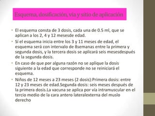 Esquema, dosificación, vía y sitio de aplicación

• El esquema consta de 3 dosis, cada una de 0.5 ml, que se
  aplican a los 2, 4 y 12 mesesde edad.
• Sí el esquema inicia entre los 3 y 11 meses de edad, el
  esquema será con intervalo de 8semanas entre la primera y
  segunda dosis, y la tercera dosis se aplicará seis mesesdespués
  de la segunda dosis.
• En caso de que por alguna razón no se aplique la dosis
  siguiente a la edad que corresponde no se reiniciará el
  esquema.
• Niños de 12 meses a 23 meses (2 dosis):Primera dosis: entre
  12 y 23 meses de edad.Segunda dosis: seis meses después de
  la primera dosis.La vacuna se aplica por vía intramuscular en el
  tercio medio de la cara antero lateralexterna del muslo
  derecho
 