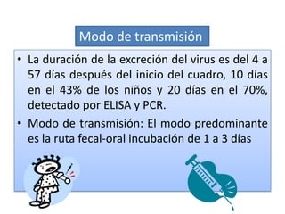 Modo de transmisión
• La duración de la excreción del virus es del 4 a
  57 días después del inicio del cuadro, 10 días
  en el 43% de los niños y 20 días en el 70%,
  detectado por ELISA y PCR.
• Modo de transmisión: El modo predominante
  es la ruta fecal-oral incubación de 1 a 3 días
 