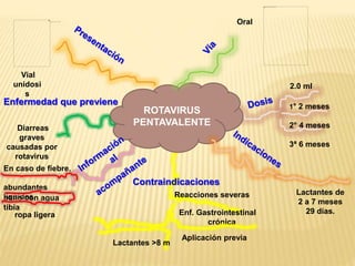 ROTAVIRUS
PENTAVALENTE
Diarreas
graves
causadas por
rotavirus
En caso de fiebre,
abundantes
líquidos
Enf. Gastrointestinal
crónica
Reacciones severas
Aplicación previa
baño con agua
tibia
ropa ligera
2.0 ml
1° 2 meses
2° 4 meses
3ª 6 meses
Lactantes de
2 a 7 meses
29 días.
Lactantes >8 m
Oral
Vial
unidosi
s
Contraindicaciones
Enfermedad que previene
 
