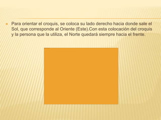  Para orientar el croquis, se coloca su lado derecho hacia donde sale el
Sol, que corresponde al Oriente (Este).Con esta colocación del croquis
y la persona que la utiliza, el Norte quedará siempre hacia el frente.
 