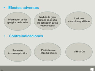 9:35
• Efectos adversos
Inflamación de los
ganglios de la axila
.
Nódulo de gran
tamaño en el sitio
de aplicación que a
veces supura
Lesiones
musculoesqueléticas
• Contraindicaciones
Pacientes
inmunosuprimidos
.
Pacientes con
eczema severo
VIH- SIDA
 