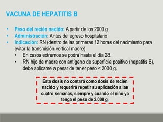 VACUNA DE HEPATITIS B
• Peso del recién nacido: A partir de los 2000 g
• Administración: Antes del egreso hospitalario
• Indicación: RN (dentro de las primeras 12 horas del nacimiento para
evitar la transmisión vertical madre)
• En casos extremos se podrá hasta el día 28.
• RN hijo de madre con antígeno de superficie positivo (hepatitis B),
debe aplicarse a pesar de tener peso < 2000 g.
Esta dosis no contará como dosis de recién
nacido y requerirá repetir su aplicación a las
cuatro semanas, siempre y cuando el niño ya
tenga el peso de 2.000 g.
 