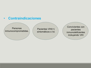 • Contraindicaciones
Personas
inmunocomprometidas.
Pacientes VIH(+)
sintomáticos o no
Convivientes con
pacientes
inmunodeficientes
incluyendo VIH
 