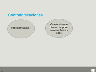 9:35
• Contraindicaciones
Polio posvacunal
Ocasionalmente
diarrea, erupción
cutánea, fiebre y
SGB
 