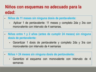 • Niños > 24 meses sin ninguna dosis de pentavalente:
• Garantizo el esquema con monovalente con intervalo de 4
semanas
Niños con esquemas no adecuado para la
edad:
• Niños de 11 meses sin ninguna dosis de pentavalente:
• Aplicar 1 de pentavalente: 11 meses y completo 2da y 3ra con
monovalente con intervalo de 4 semanas.
• Niños entre 1 y 2 años (antes de cumplir 24 meses) sin ninguna
dosis de pentavalente:
• Garantizar 1 dosis de pentavalente y completo 2da y 3ra con
monovalente con intervalo de 4 semanas
 