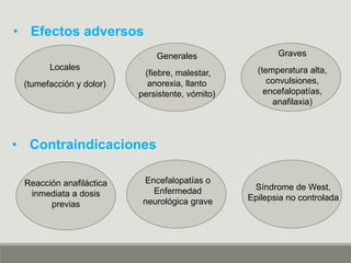 • Contraindicaciones
• Efectos adversos
Locales
(tumefacción y dolor)
Generales
(fiebre, malestar,
anorexia, llanto
persistente, vómito)
Graves
(temperatura alta,
convulsiones,
encefalopatías,
anafilaxia)
Reacción anafiláctica
inmediata a dosis
previas
Encefalopatías o
Enfermedad
neurológica grave
Síndrome de West,
Epilepsia no controlada
 
