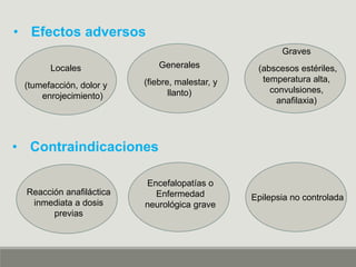 • Contraindicaciones
• Efectos adversos
Locales
(tumefacción, dolor y
enrojecimiento)
Generales
(fiebre, malestar, y
llanto)
Graves
(abscesos estériles,
temperatura alta,
convulsiones,
anafilaxia)
Reacción anafiláctica
inmediata a dosis
previas
Encefalopatías o
Enfermedad
neurológica grave
Epilepsia no controlada
 
