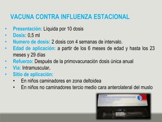VACUNA CONTRA INFLUENZA ESTACIONAL
• Presentación: Líquida por 10 dosis
• Dosis: 0,5 ml
• Numero de dosis: 2 dosis con 4 semanas de intervalo.
• Edad de aplicación: a partir de los 6 meses de edad y hasta los 23
meses y 29 días
• Refuerzo: Después de la primovacunación dosis única anual
• Vía: Intramuscular.
• Sitio de aplicación:
• En niños caminadores en zona deltoidea
• En niños no caminadores tercio medio cara anterolateral del muslo
 