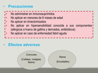 • No administrar en inmunosuprimidos
• No aplicar en menores de 6 meses de edad
• No aplicar en timectomizados
• No aplicar en hipersensibilidad conocida a sus componentes
(alérgicos a huevo de gallina y derivados, antibióticos)
• No aplicar en caso de enfermedad febril aguda
• Precauciones
• Efectos adversos
Raros
(Encefalitis)
Comunes
(Cefalea, mialgias,
fiebre)
 