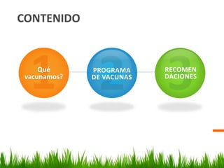 CONTENIDO
Qué
vacunamos?
PROGRAMA
DE VACUNAS
RECOMEN
DACIONES
 