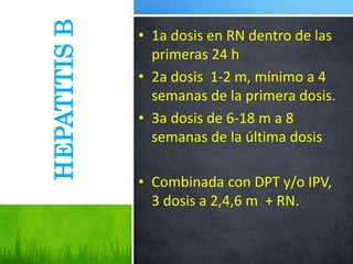 HEPATITIS
B
• 1a dosis en RN dentro de las
primeras 24 h
• 2a dosis 1-2 m, mínimo a 4
semanas de la primera dosis.
• 3a dosis de 6-18 m a 8
semanas de la última dosis
• Combinada con DPT y/o IPV,
3 dosis a 2,4,6 m + RN.
 