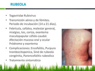 RUBEOLA
• Togaviridæ Rubivirus
• Transmisión aérea y de fómites.
Periodo de incubación (14 a 21 días).
• Febrícula, cefalea, malestar general,
mialgias, tos, coriza, exantema
maculopapular céfalo-caudal.
Afectación mucosa oral y ocular
Pródromo y exantema
• Complicaciones: Encefalitis, Purpura
trombocitopenica, Sind de rubeola
congénita, Panencefalitis rubeolica
• Tratamiento sintomático
 