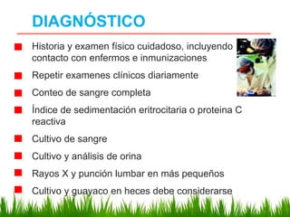 DIAGNÓSTICO
Historia y examen físico cuidadoso, incluyendo
contacto con enfermos e inmunizaciones
Repetir examenes clínicos diariamente
Conteo de sangre completa
Índice de sedimentación eritrocitaria o proteina C
reactiva
Cultivo de sangre
Cultivo y análisis de orina
Rayos X y punción lumbar en más pequeños
Cultivo y guayaco en heces debe considerarse
 