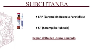SUBCUTANEA
● SRP (Sarampión Rubeola Parotiditis)
● SR (Sarampión Rubeola)
Región deltoidea ,brazo izquierdo
 