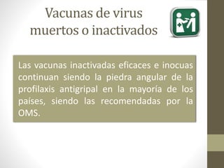 Vacunas de virus 
muertos o inactivados 
Las vacunas inactivadas eficaces e inocuas 
continuan siendo la piedra angular de la 
profilaxis antigripal en la mayoría de los 
países, siendo las recomendadas por la 
OMS. 
 