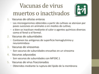 Vacunas de virus 
muertos o inactivados 
1. Vacunas de células enteras 
• Los microrganismos obtenidos a partir de cultivos se atenúan por 
pases sucesivos en animales o en medios de cultivo; 
• o bien se inactivan mediante el calor o agentes químicos diversos 
como el fenol o el formol. 
2. Vacunas de subunidades 
• Contienen los antígenos de superficie hemaglutinina y 
neuraminidasa 
3. Vacunas de virosomas 
• Son vacunas de subunidades envueltas en un virosoma 
4. Vacunas adyuvadas 
• Son vacunas de subunidades con MF59C.1 
5. Vacunas de virus fraccionados 
• Obtenidos mediante la ruptura del lípido de la membrana 
 