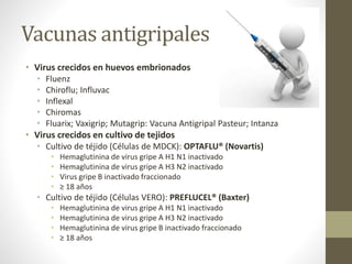 Vacunas antigripales 
• Virus crecidos en huevos embrionados 
• Fluenz 
• Chiroflu; Influvac 
• Inflexal 
• Chiromas 
• Fluarix; Vaxigrip; Mutagrip: Vacuna Antigripal Pasteur; Intanza 
• Virus crecidos en cultivo de tejidos 
• Cultivo de téjido (Células de MDCK): OPTAFLU® (Novartis) 
• Hemaglutinina de virus gripe A H1 N1 inactivado 
• Hemaglutinina de virus gripe A H3 N2 inactivado 
• Virus gripe B inactivado fraccionado 
• ≥ 18 años 
• Cultivo de téjido (Células VERO): PREFLUCEL® (Baxter) 
• Hemaglutinina de virus gripe A H1 N1 inactivado 
• Hemaglutinina de virus gripe A H3 N2 inactivado 
• Hemaglutinina de virus gripe B inactivado fraccionado 
• ≥ 18 años 
 