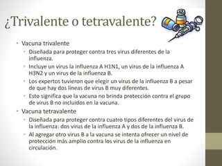 ¿Trivalente o tetravalente? 
• Vacuna trivalente 
• Diseñada para proteger contra tres virus diferentes de la 
influenza. 
• Incluye un virus la influenza A H1N1, un virus de la influenza A 
H3N2 y un virus de la influenza B. 
• Los expertos tuvieron que elegir un virus de la influenza B a pesar 
de que hay dos líneas de virus B muy diferentes. 
• Esto significa que la vacuna no brinda protección contra el grupo 
de virus B no incluidos en la vacuna. 
• Vacuna tetravalente 
• Diseñada para proteger contra cuatro tipos diferentes del virus de 
la influenza: dos virus de la influenza A y dos de la influenza B. 
• Al agregar otro virus B a la vacuna se intenta ofrecer un nivel de 
protección más amplio contra los virus de la influenza en 
circulación. 
 