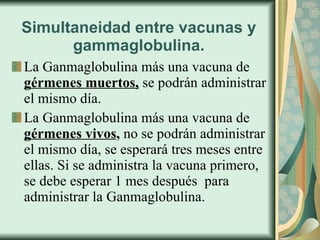 Simultaneidad entre vacunas y gammaglobulina. La Ganmaglobulina más una vacuna de  gérmenes muertos,  se podrán administrar el mismo día. La Ganmaglobulina más una vacuna de  gérmenes vivos ,  no se podrán administrar el mismo día, se esperará tres meses entre ellas. Si se administra la vacuna primero, se debe esperar 1 mes después  para administrar la Ganmaglobulina. 