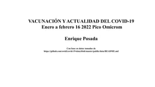 VACUNACIÓN Y ACTUALIDAD DEL COVID-19
Enero a febrero 16 2022 Pico Omicrom
Enrique Posada
Con base en datos tomados de
https://github.com/owid/covid-19-data/blob/master/public/data/README.md
 