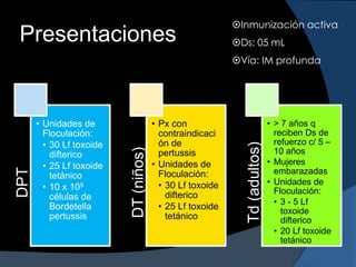 Inmunización activa
Presentaciones                                             Ds: 05 mL
                                                           Vía: IM profunda




      • Unidades de                    • Px con                              • > 7 años q
        Floculación:                     contraindicaci                        reciben Ds de
        • 30 Lf toxoide                  ón de                                 refuerzo c/ 5 –




                                                              Td (adultos)
                          DT (niños)
          difterico                      pertussis                             10 años
        • 25 Lf toxoide                • Unidades de                         • Mujeres
DPT




                                         Floculación:                          embarazadas
          tetánico
                                         • 30 Lf toxoide                     • Unidades de
        • 10 x 109                                                             Floculación:
          células de                       difterico
                                                                               • 3 - 5 Lf
          Bordetella                     • 25 Lf toxoide                         toxoide
          pertussis                        tetánico                              difterico
                                                                               • 20 Lf toxoide
                                                                                 tetánico
 
