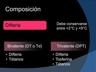 Composición

Difteria                 Debe conservarse
                         entre +2°C y +8°C



 Bivalente (DT o Td)     Trivalente (DPT)

• Difteria             • Difteria
• Tétanos              • Tosferina
                       • Tétanos
 