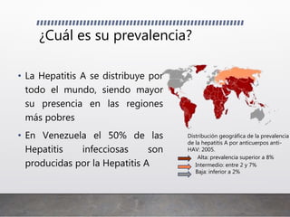 ¿Cuál es su prevalencia?
• La Hepatitis A se distribuye por
todo el mundo, siendo mayor
su presencia en las regiones
más pobres
• En Venezuela el 50% de las
Hepatitis infecciosas son
producidas por la Hepatitis A
Distribución geográfica de la prevalencia
de la hepatitis A por anticuerpos anti-
HAV: 2005.
Alta: prevalencia superior a 8%
Intermedio: entre 2 y 7%
Baja: inferior a 2%
 