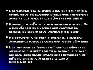 Las vacunas dan al sistema inmune del bebé la oportunidad de elaborar anticuerpos protectores antes de que ataquen los gérmenes de verdad Para ello, al niño se le administra por inyección o por vía oral una vacuna que contiene un germen de enfermedad atenuado o muerto De esta forma, su propio organismo elabora anticuerpos para que combatan a esos gérmenes Los anticuerpos “practican” con los gérmenes atenuados o muertos de tal manera que cuando los gérmenes reales atacan son destruidos y el niño no enferma. A esto se le llama INMUNIDAD 